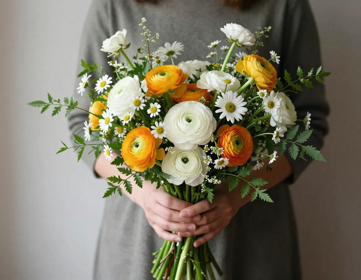 Elegant hand-tied bouquet with seasonal flowers
